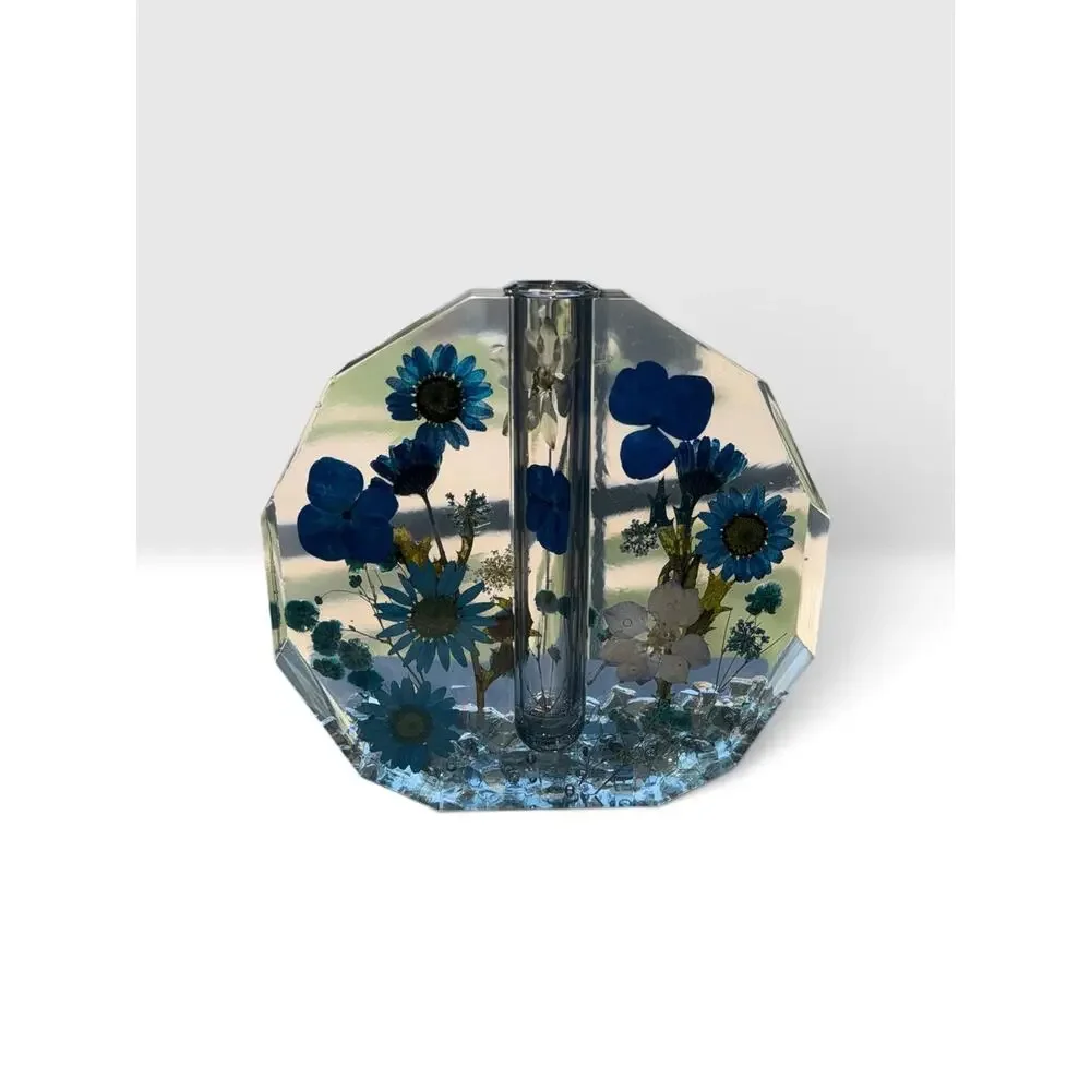 Forever Bloom Blue Meadow Bud Vase Real Pressed Flowers in Crystal Clear Resin